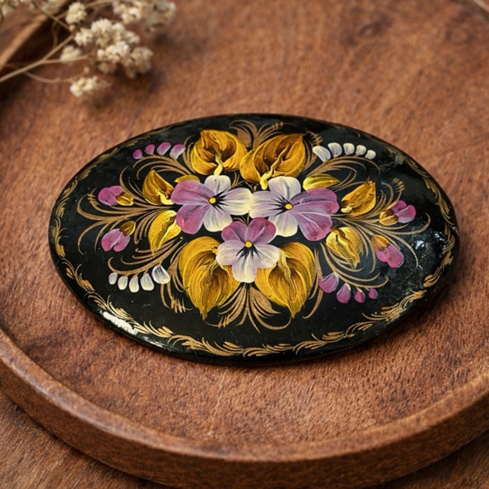 Vintage Hand Painted Floral Brooch Black Lacquer Folk Art Oval Pin